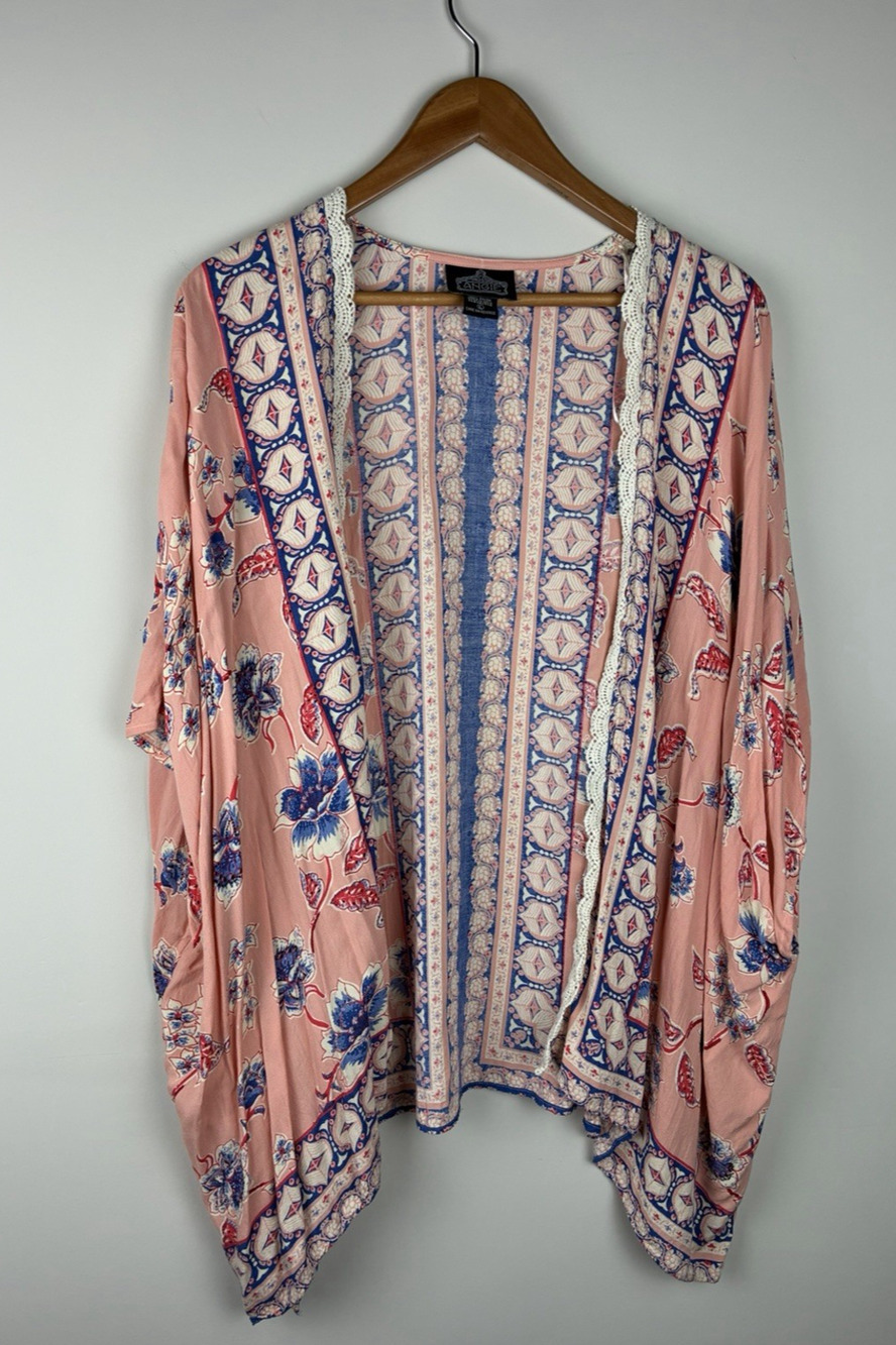 Angie Women’s L Pink Blue Floral Kimono Cardigan Boho Crochet Trim Vacation